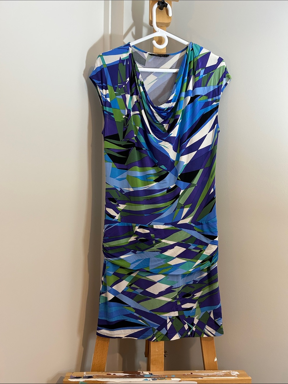 BCBGMaxAzria Blue, Green & White Geometric Cowl Neck Dress